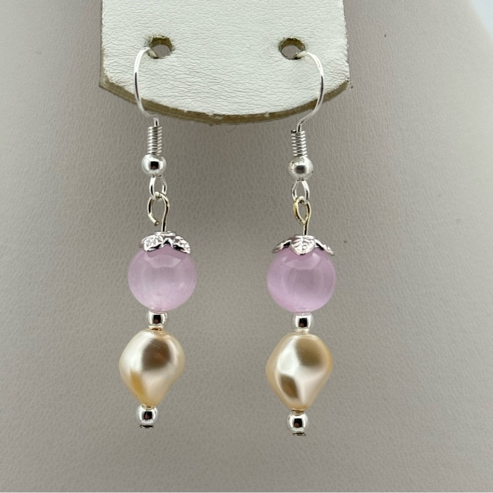 New Selenite & Swarovski Pearl Dangle Earrings Silver Tone Hooks